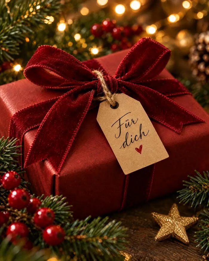 Rot verpacktes Geschenk mit Samtschleife und Anhänger