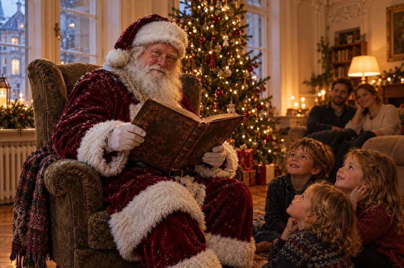Der Weihnachtsmann liest im goldenen Buch vor, die Kinder hören gespannt zu