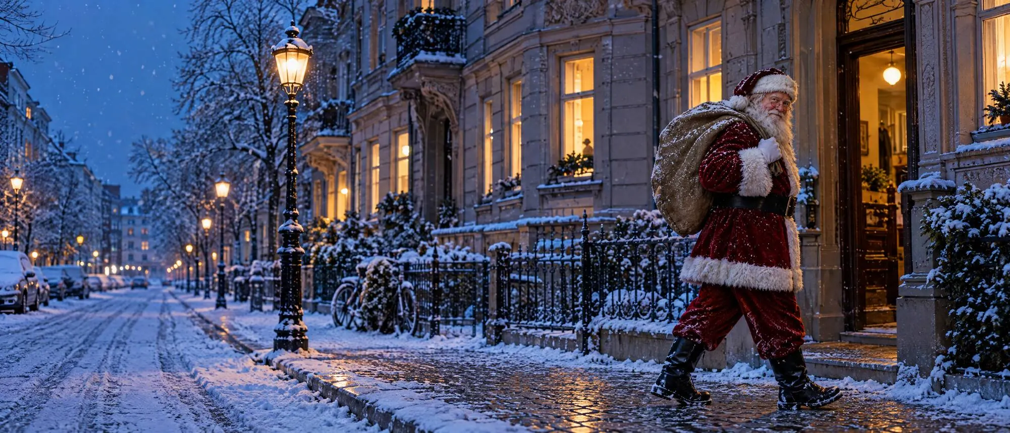 Der Weihnachtsmann geht abends durch eine verschneite Straße mit beleuchteten Fenstern